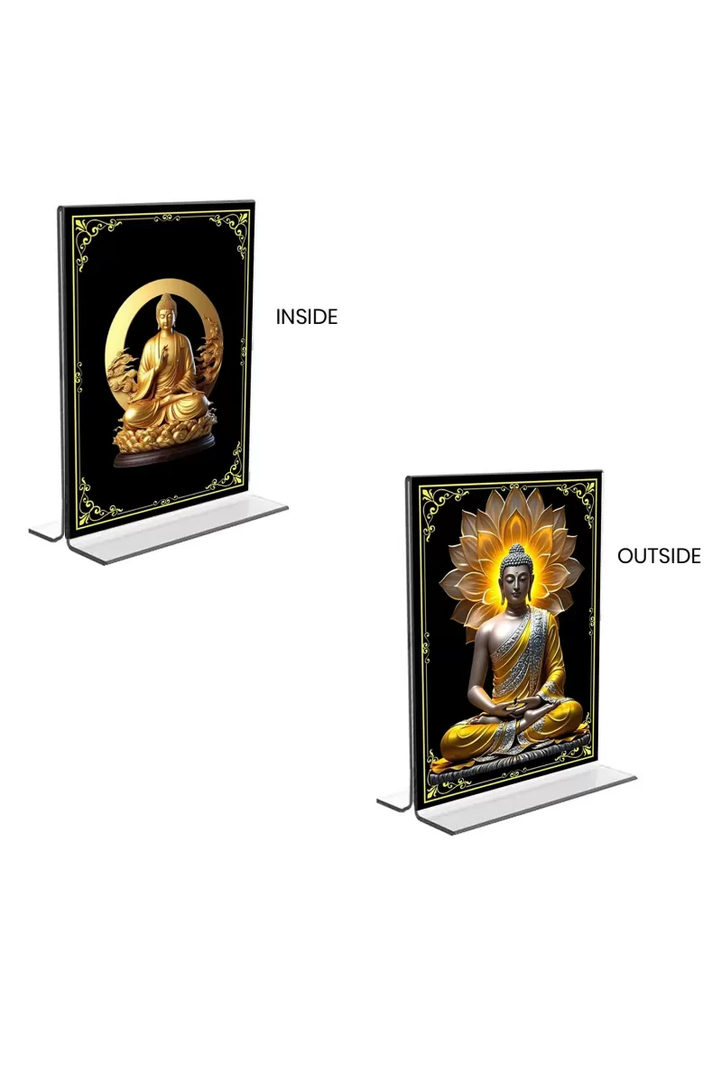 Car Desk/Table Top Buddha  Acrylic T-Style Photo Stand - 2.5x3.5 Inches, Compact And Stylish Spiritual Display, Easily Change  2 Photos ( Pack Of 1 ) (F9370)