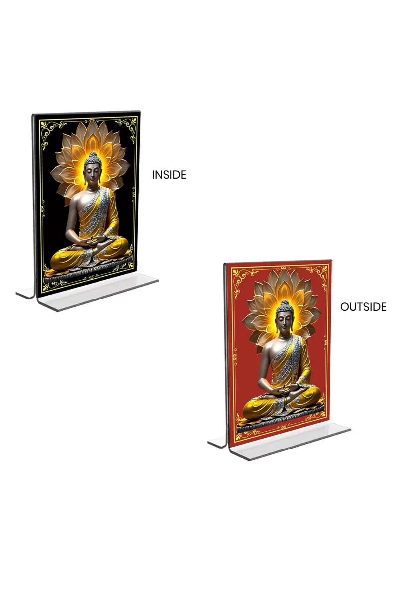 Car Desk/Table Top Buddha  Acrylic T-Style Photo Stand - 2.5x3.5 Inches, Compact And Stylish Spiritual Display, Easily Change  2 Photos ( Pack Of 1 ) (F9371)