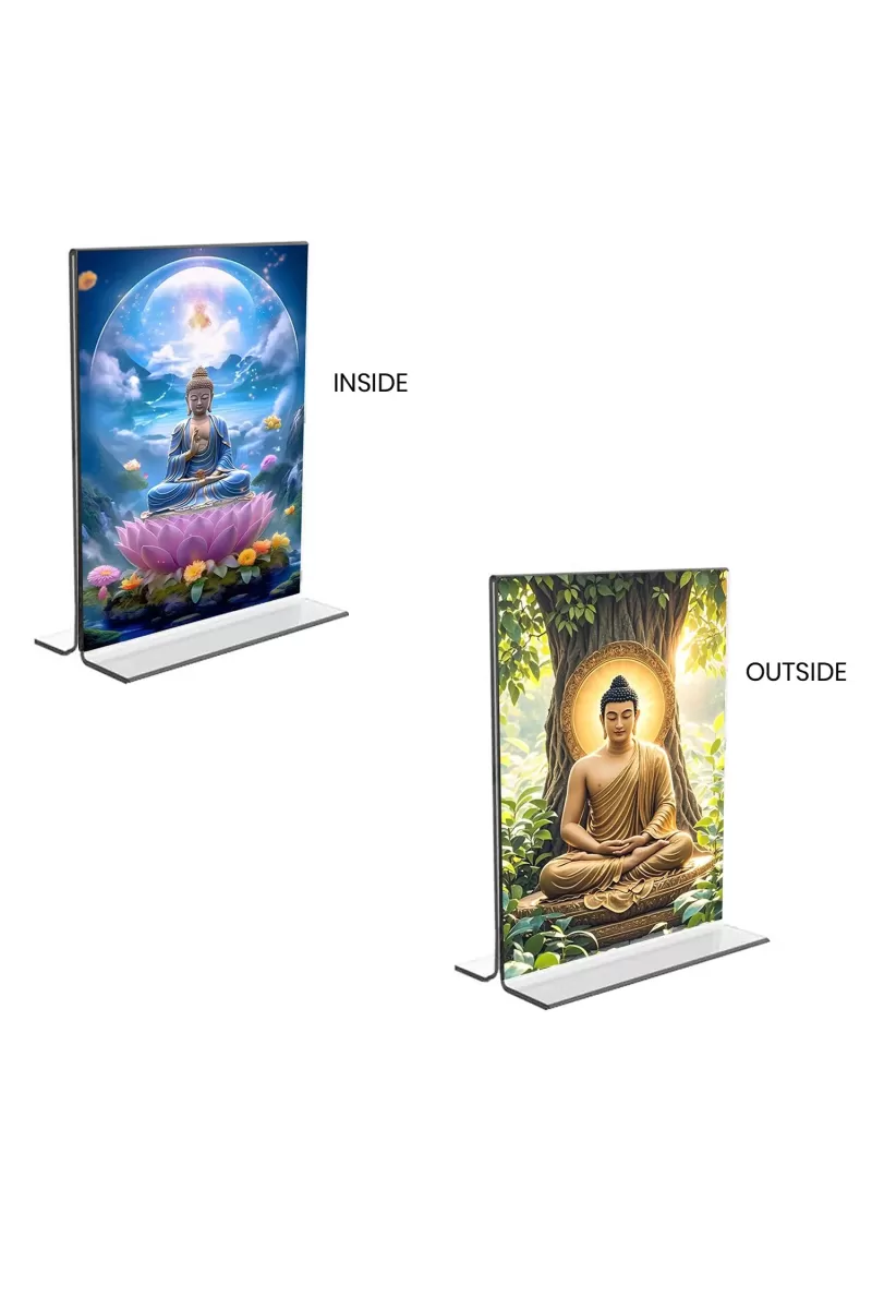 Car Desk/Table Top Buddha  Acrylic T-Style Photo Stand - 2.5x3.5 Inches, Compact And Stylish Spiritual Display, Easily Change  2 Photos ( Pack Of 1 ) (F9372)