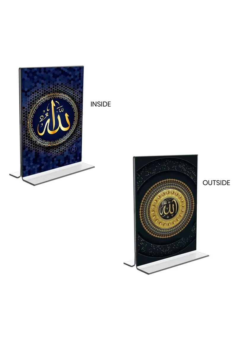 Car Desk/Table Top Islamic Allah & Mecca Madina  Acrylic T-Style Photo Stand - 2.5x3.5 Inches, Compact And Stylish Spiritual Display, Easily Change  2 Photos ( Pack Of 1 ) (F9376)