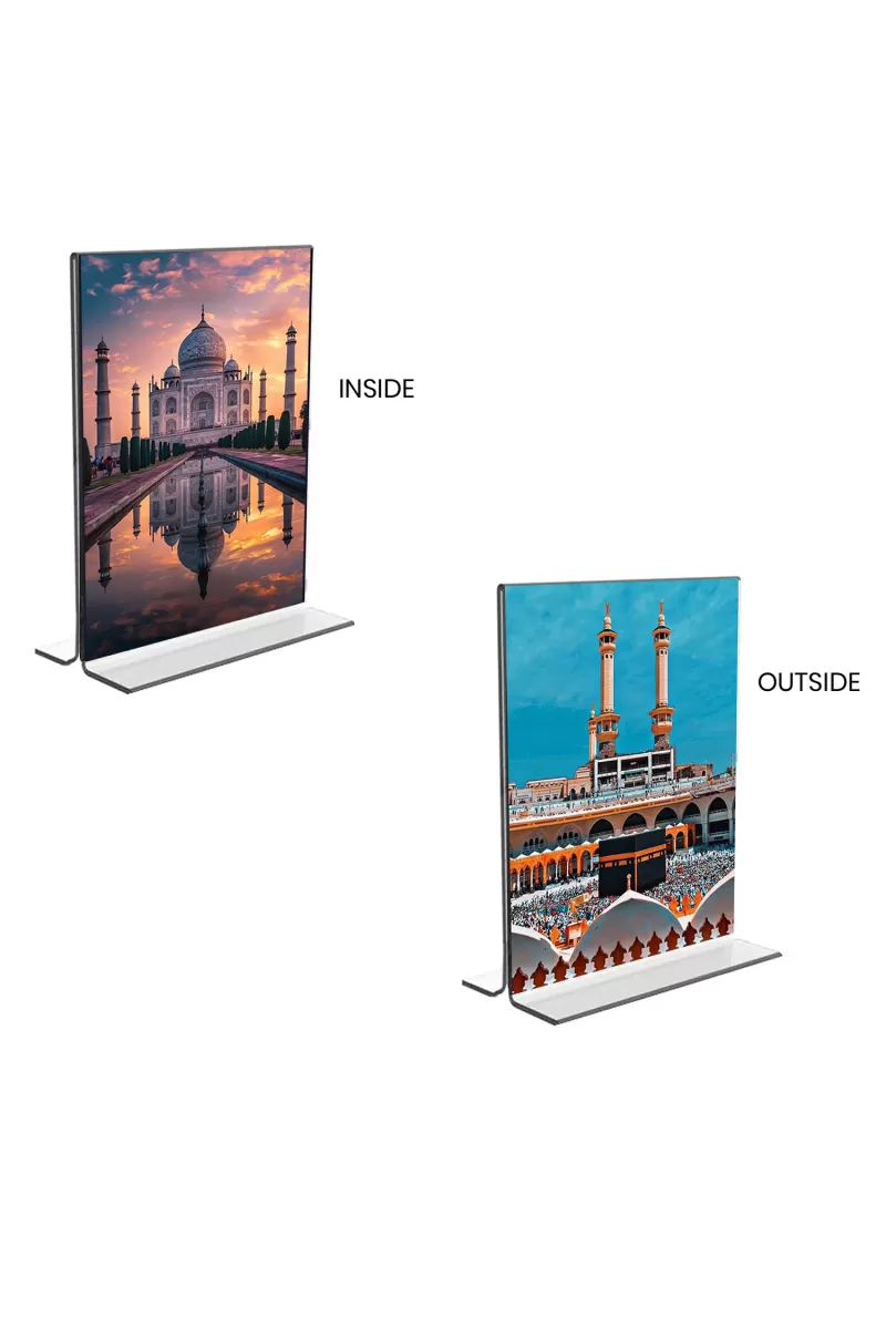 Car Desk/Table Top Taj Mahal & Mecca Madina  Acrylic T-Style Photo Stand - 2.5x3.5 Inches, Compact And Stylish Spiritual Display, Easily Change  2 Photos ( Pack Of 1 ) (F9381)