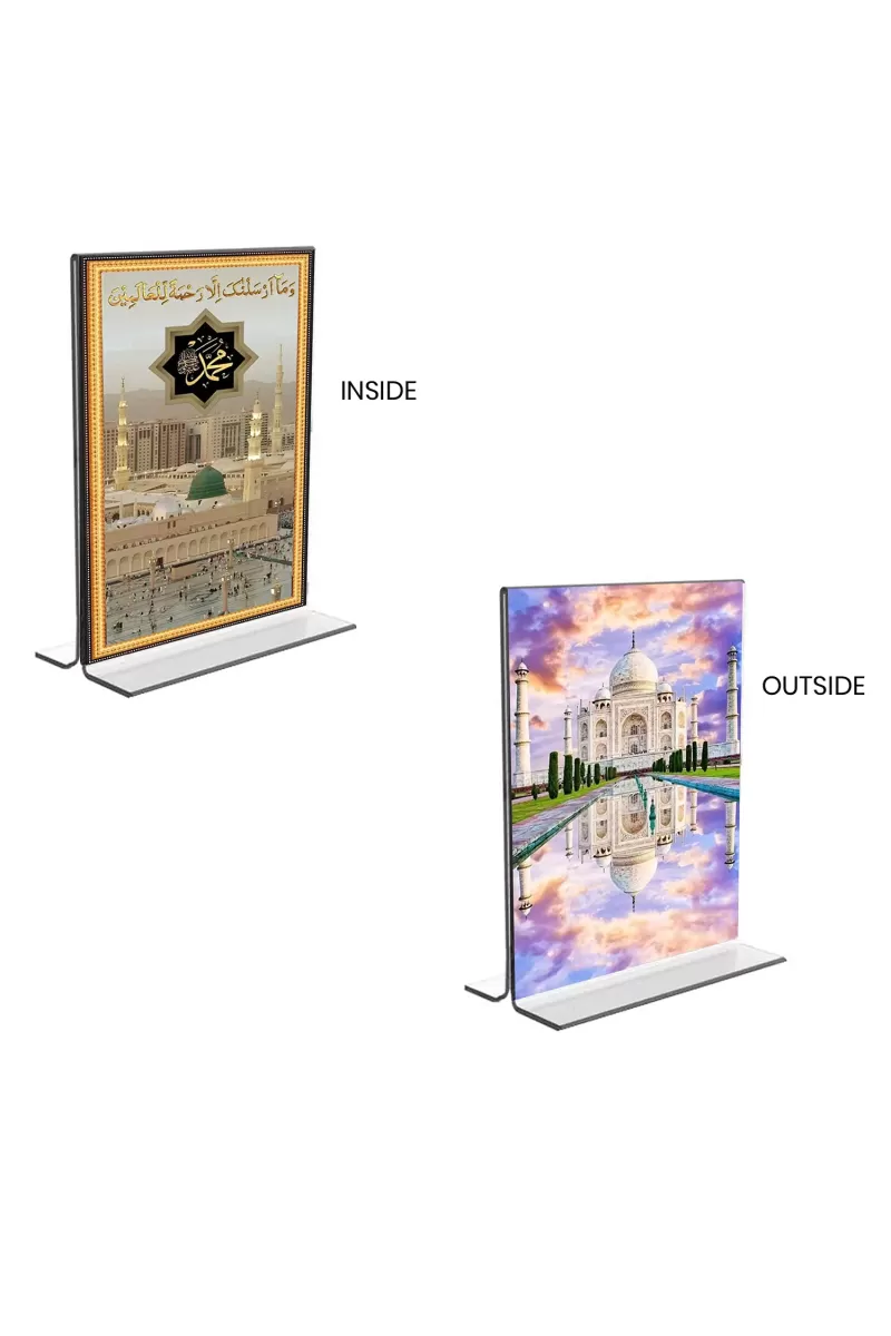 Car Desk/Table Top Taj Mahal & Mecca Madina  Acrylic T-Style Photo Stand - 2.5x3.5 Inches, Compact And Stylish Spiritual Display, Easily Change  2 Photos ( Pack Of 1 ) (F9384)