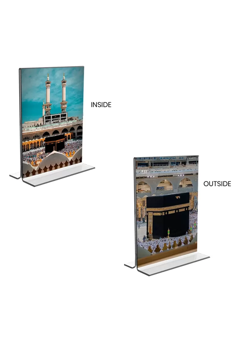 Car Desk/Table Top Mecca Madina  Acrylic T-Style Photo Stand - 2.5x3.5 Inches, Compact And Stylish Spiritual Display, Easily Change  2 Photos ( Pack Of 1 ) (F9394)