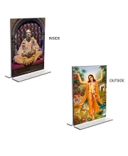Car Desk/Table Top Sri Chaitanya Mahaprabhu & Swami Prabhupada  Acrylic T-Style Photo Stand - 2.5x3.5 Inches, Compact And Stylish Spiritual Display, Easily Change  2 Photos ( Pack Of 1 ) (F9399)
