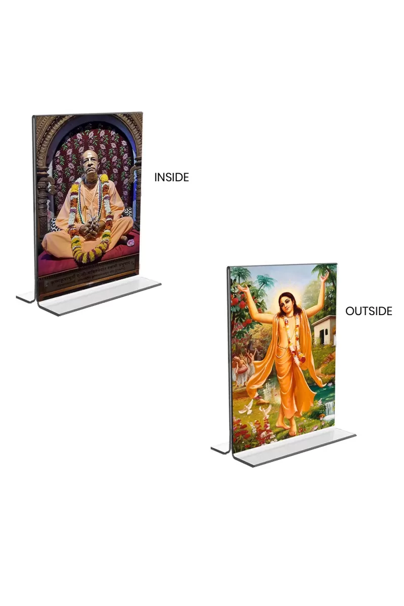 Car Desk/Table Top Sri Chaitanya Mahaprabhu & Swami Prabhupada  Acrylic T-Style Photo Stand - 2.5x3.5 Inches, Compact And Stylish Spiritual Display, Easily Change  2 Photos ( Pack Of 1 ) (F9399)