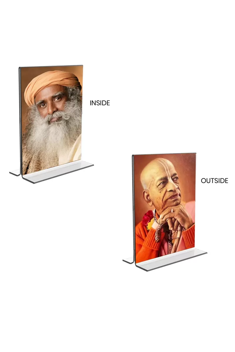 Car Desk/Table Top Sadhguru & Swami Prabhupada  Acrylic T-Style Photo Stand - 2.5x3.5 Inches, Compact And Stylish Spiritual Display, Easily Change  2 Photos ( Pack Of 1 ) (F9401)