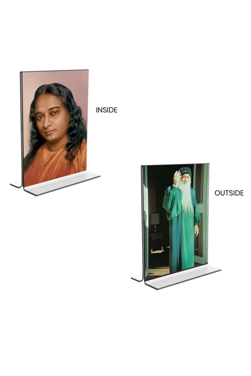 Car Desk/Table Top Paramahansa Yogananda & Osho  Acrylic T-Style Photo Stand - 2.5x3.5 Inches, Compact And Stylish Spiritual Display, Easily Change  2 Photos ( Pack Of 1 ) (F9402)
