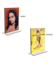 Car Desk/Table Top Sri Sri Paramahansa Yogananda & Sri Premanand Ji Maharaj Acrylic T-Style Photo Stand - 2.5x3.5 Inches, Compact And Stylish Spiritual Display, Easily Change  2 Photos ( Pack Of 1 ) (F9403)