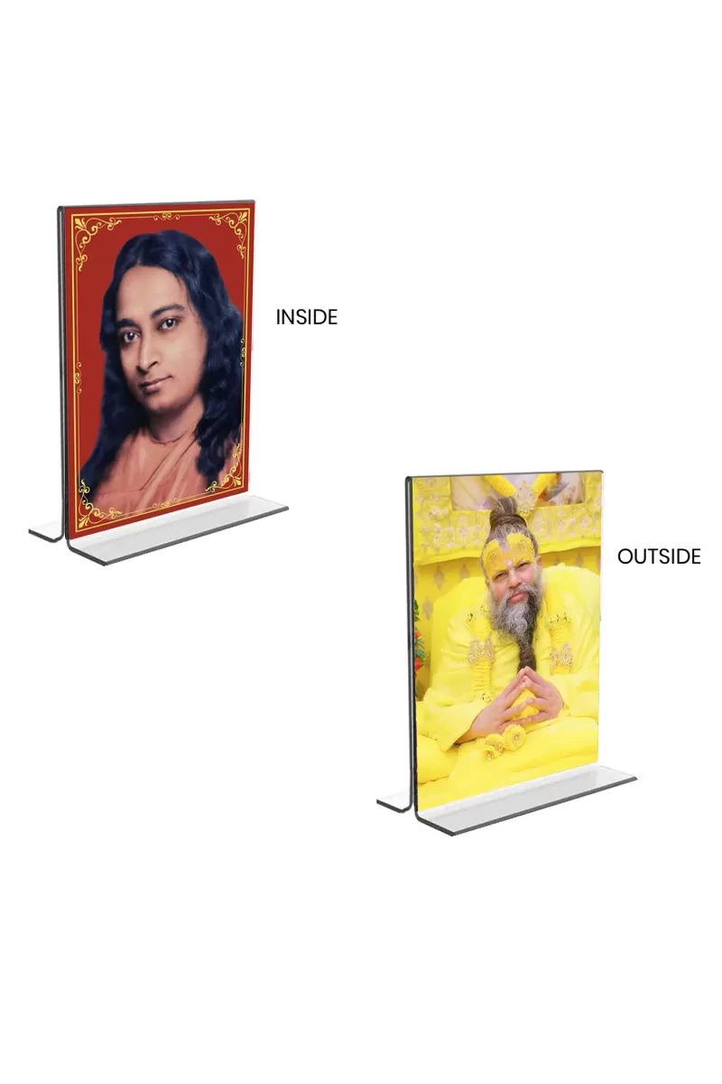 Car Desk/Table Top Sri Sri Paramahansa Yogananda & Sri Premanand Ji Maharaj Acrylic T-Style Photo Stand - 2.5x3.5 Inches, Compact And Stylish Spiritual Display, Easily Change  2 Photos ( Pack Of 1 ) (F9403)