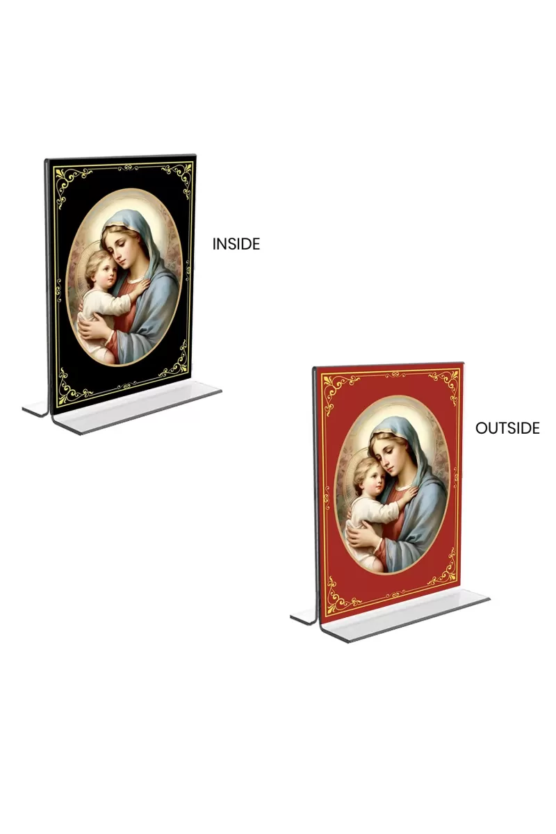 Car Desk/Table Top Mother Mary  Acrylic T-Style Photo Stand - 2.5x3.5 Inches, Compact And Stylish Spiritual Display, Easily Change  2 Photos ( Pack Of 1 ) (F9404)