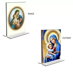 Car Desk/Table Top Mother Mary Acrylic T-Style Photo Stand - 2.5x3.5 Inches, Compact And Stylish Spiritual Display, Easily Change 2 Photos ( Pack Of 1 ) (F9406) Car Desk/Table Top Mother Mary Acrylic T-Style Photo Stand - 2.5x3.5 Inches, Compact And Stylish Spiritual Display, Easily Change 2 Photos ( Pack Of 1 ) (F9406)