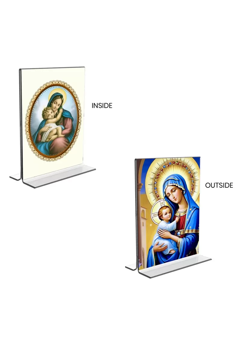 Car Desk/Table Top Mother Mary  Acrylic T-Style Photo Stand - 2.5x3.5 Inches, Compact And Stylish Spiritual Display, Easily Change  2 Photos ( Pack Of 1 ) (F9406)