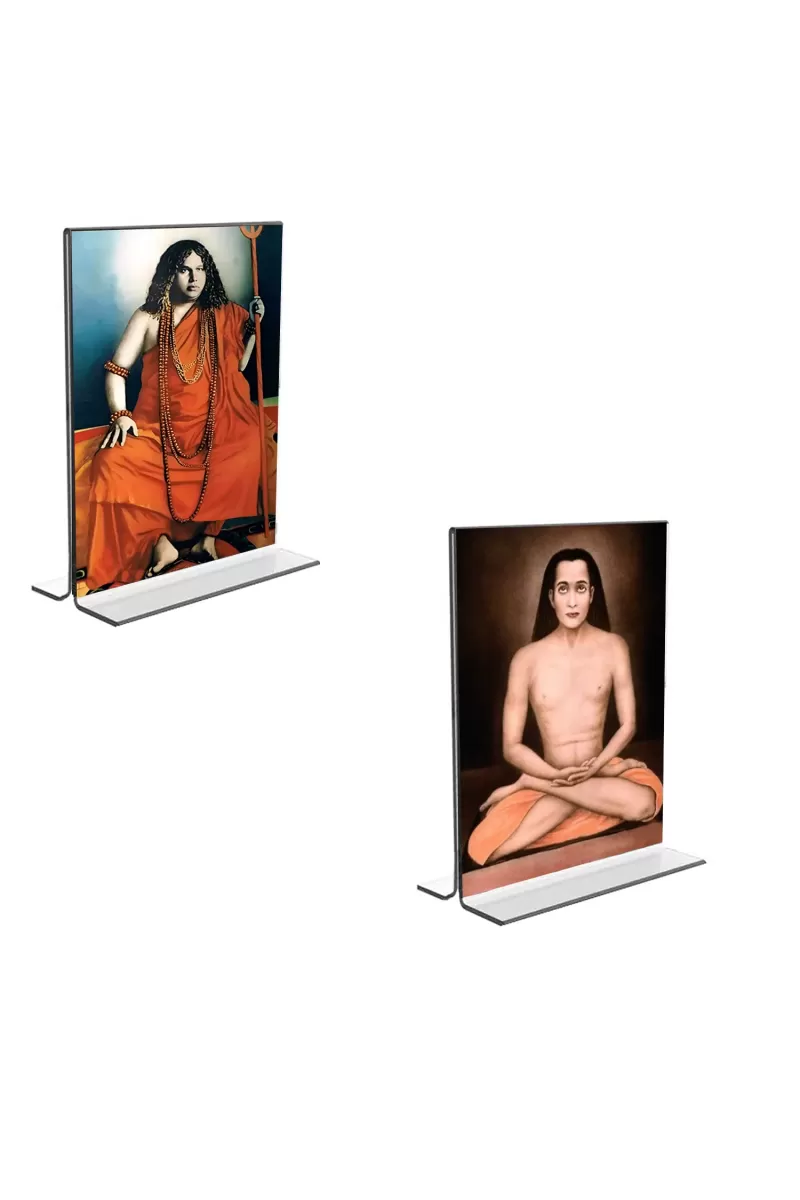 Car Desk/Table Top Sri Sri Pranabananda And Sri Babbaji  Acrylic T-Style Photo Stand - 2.5x3.5 Inches, Compact And Stylish Spiritual Display, Easily Change  2 Photos ( Pack Of 1 ) (F9415)