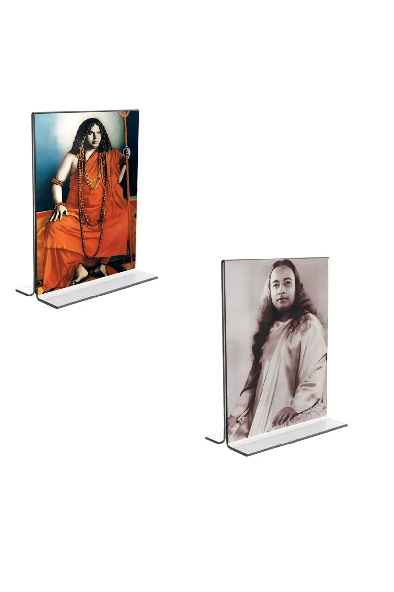 Car Desk/Table Top Sri Sri Pranabananda And Sri Sri Yogadananda  Acrylic T-Style Photo Stand - 2.5x3.5 Inches, Compact And Stylish Spiritual Display, Easily Change  2 Photos ( Pack Of 1 ) (F9413)