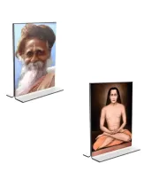 Car Desk/Table Top Sri Onkarnath Thakur And Sri Babbaji  Acrylic T-Style Photo Stand - 2.5x3.5 Inches, Compact And Stylish Spiritual Display, Easily Change  2 Photos ( Pack Of 1 ) (F9414)