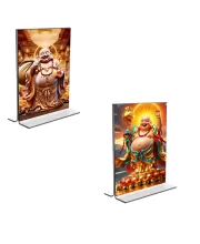 Car Desk/Table Top Laughing Buddha  Acrylic T-Style Photo Stand - 2.5x3.5 Inches, Compact And Stylish Spiritual Display, Easily Change  2 Photos ( Pack Of 1 ) (F9416)