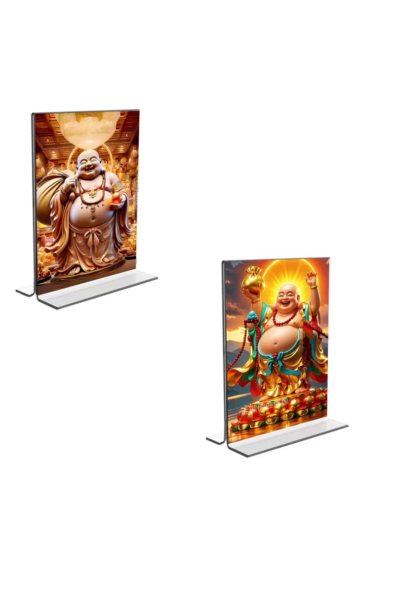 Car Desk/Table Top Laughing Buddha  Acrylic T-Style Photo Stand - 2.5x3.5 Inches, Compact And Stylish Spiritual Display, Easily Change  2 Photos ( Pack Of 1 ) (F9416)