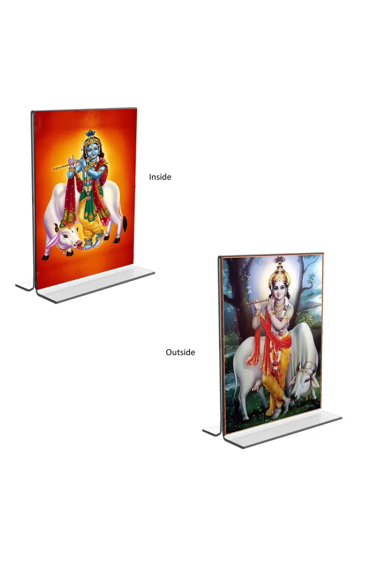 Car Desk/Table Top Sri Krishna With Cow  Acrylic T-Style Photo Stand - 2.5x3.5 Inches, Compact And Stylish Spiritual Display, Easily Change  2 Photos ( Pack Of 1 ) (F9412)