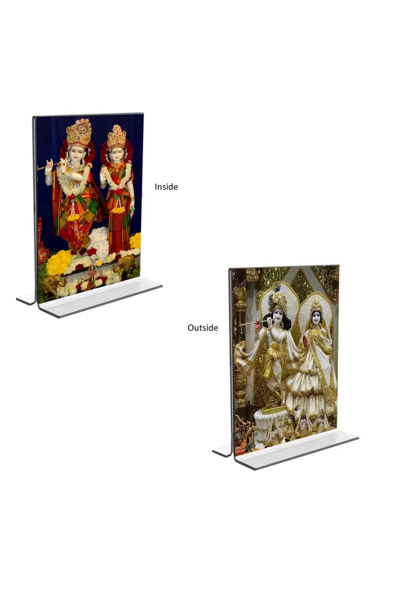 Car Desk/Table Top Sri Krishna And Sri Radha  Acrylic T-Style Photo Stand - 2.5x3.5 Inches, Compact And Stylish Spiritual Display, Easily Change  2 Photos ( Pack Of 1 ) (F9409)