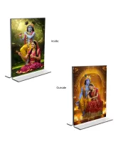 Car Desk/Table Top Sri Krishna And Sri Radha  Acrylic T-Style Photo Stand - 2.5x3.5 Inches, Compact And Stylish Spiritual Display, Easily Change  2 Photos ( Pack Of 1 ) (F9410)