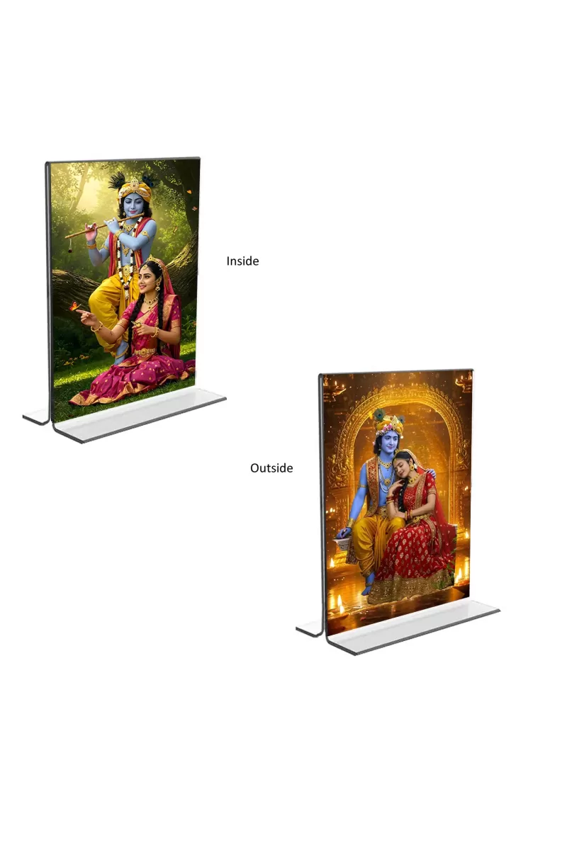 Car Desk/Table Top Sri Krishna And Sri Radha  Acrylic T-Style Photo Stand - 2.5x3.5 Inches, Compact And Stylish Spiritual Display, Easily Change  2 Photos ( Pack Of 1 ) (F9410)