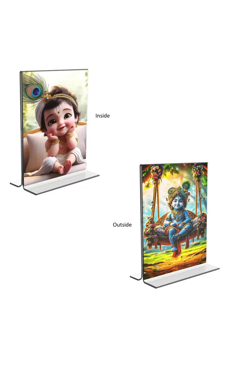 Car Desk/Table Top Bal Gopal Sri Krishna  Acrylic T-Style Photo Stand - 2.5x3.5 Inches, Compact And Stylish Spiritual Display, Easily Change  2 Photos ( Pack Of 1 ) (F9411)
