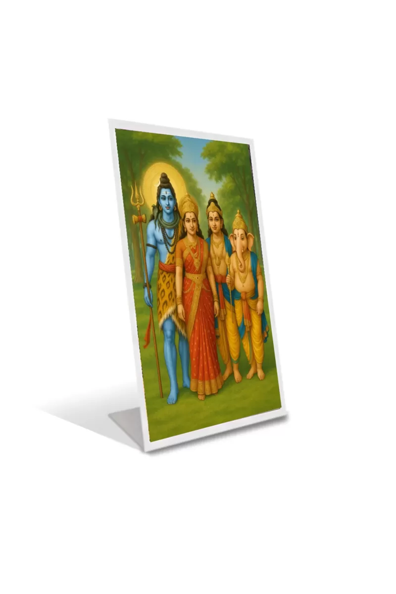Car Desk/Table Top  Lord Shiva,Parvati,sons Ganesha And Kartikeya.  Acrylic L-Style Photo Stand - 2.5x3.5 Inches, Compact And Stylish Spiritual Display (F6677)