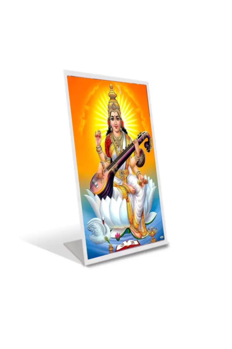 Car Desk/Table Top Maa Saraswati Acrylic L-Style Photo Stand - 2.5x3.5 Inches, Compact And Stylish Spiritual Display (F6700)