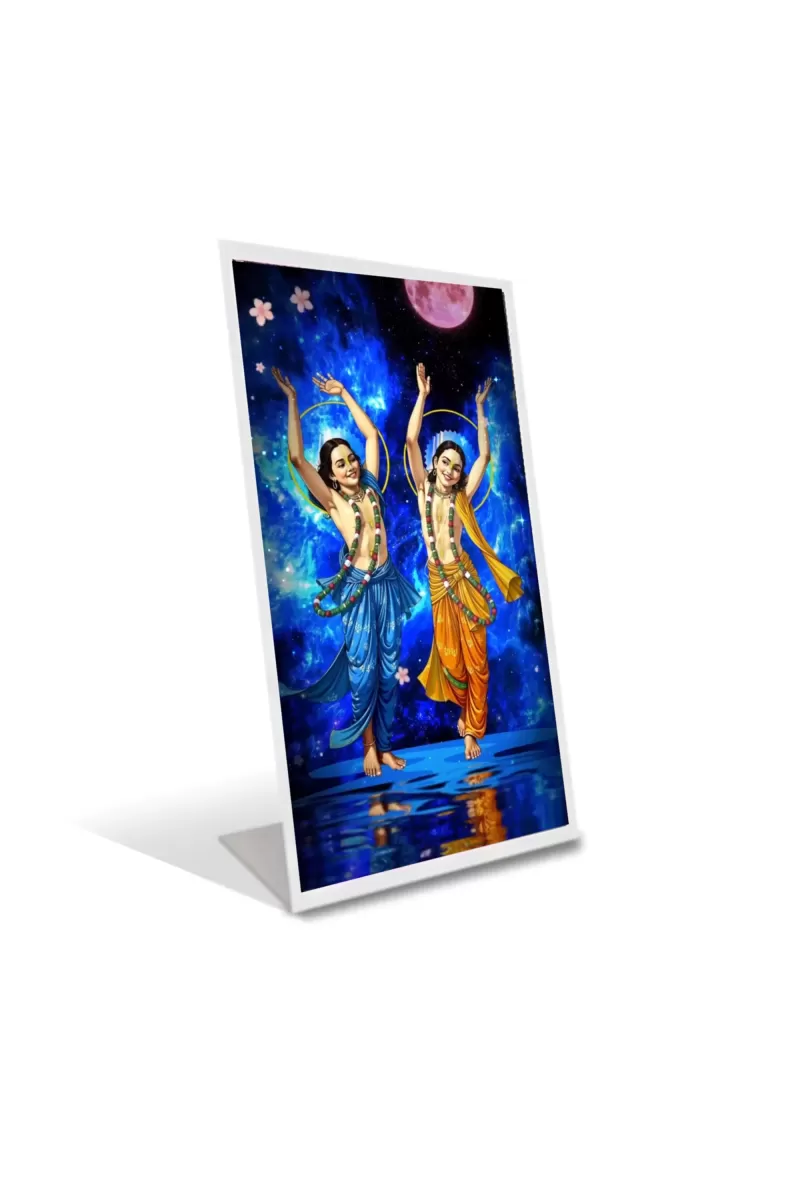 Car Desk/Table Top  Lord Chaitanya Mahaprabhu And Nityananda Prabhu Acrylic L-Style Photo Stand - 2.5x3.5 Inches, Compact And Stylish Spiritual Display (F6725)