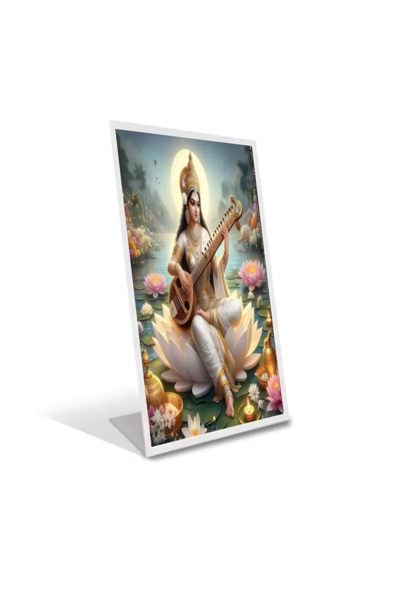 Car Desk/Table Top Maa Sraswati Acrylic L-Style Photo Stand - 2.5x3.5 Inches, Compact And Stylish Spiritual Display (F6731)