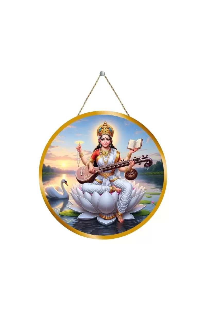 Goddess Saraswathi 12x12 Inch Round Religious Photo Frame | Spiritual Wall Decor For Home Temple, Pooja Room & Office | Divine Wall Art Picture For Worship, Meditation & Gift (F13062)