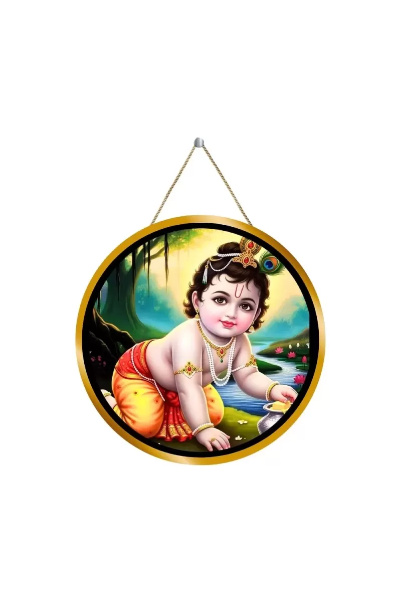 Little Krishna 12x12 Inch Round Religious Photo Frame | Spiritual Wall Decor For Home Temple, Pooja Room & Office | Divine Wall Art Picture For Worship, Meditation & Gift (F13076)