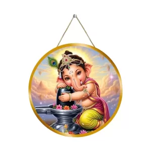 Lord Ganapathi With Lingam 12x12 Inch Round Religious Photo Frame | Spiritual Wall Decor For Home Temple, Pooja Room & Office | Divine Wall Art Picture For Worship, Meditation & Gift (F13114)