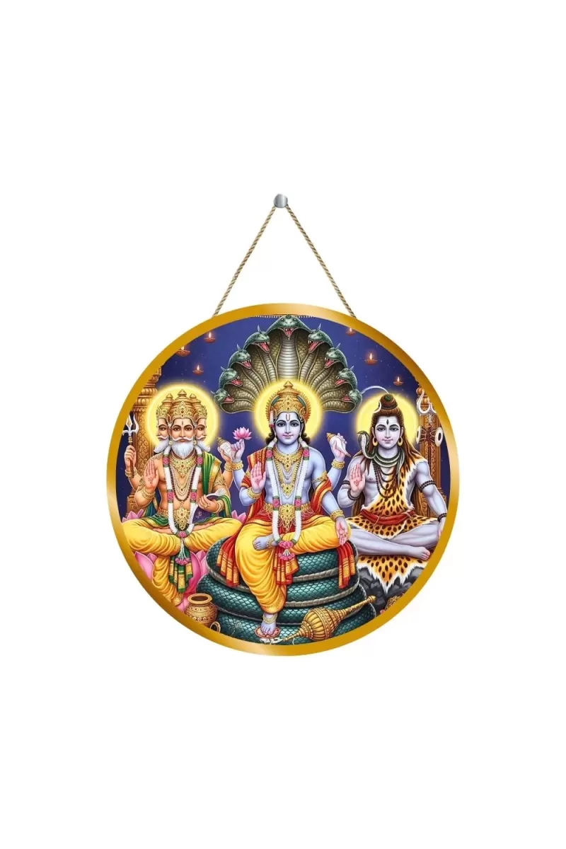 Lord Bramha Vishnu Shiva 12x12 Inch Round Religious Photo Frame | Spiritual Wall Decor For Home Temple, Pooja Room & Office | Divine Wall Art Picture For Worship, Meditation & Gift (F13187)