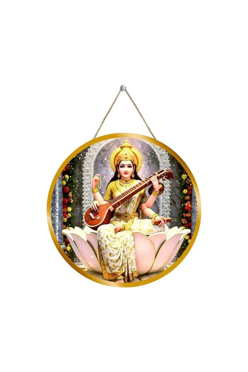 Goddess Saraswathi 12x12 Inch Round Religious Photo Frame | Spiritual Wall Decor For Home Temple, Pooja Room & Office | Divine Wall Art Picture For Worship, Meditation & Gift (F13228)
