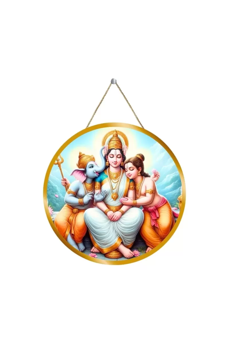 Parvathi With Ganesha And Karthikeya 12x12 Inch Round Religious Photo Frame | Spiritual Wall Decor For Home Temple, Pooja Room & Office | Divine Wall Art Picture For Worship, Meditation & Gift (F13290)