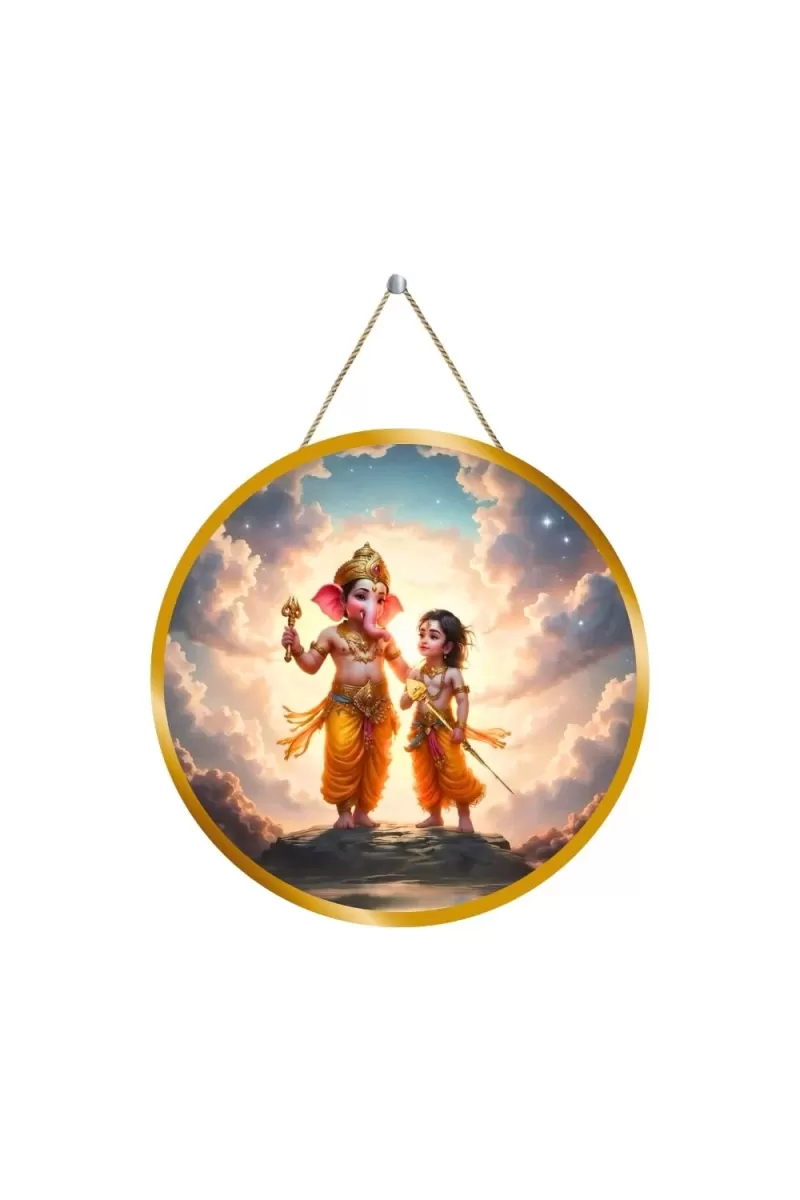 Lord Ganesha Karthikeya 12x12 Inch Round Religious Photo Frame | Spiritual Wall Decor For Home Temple, Pooja Room & Office | Divine Wall Art Picture For Worship, Meditation & Gift (F13340)