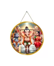 Lord Ganesha Carrying Shiva Parvathi 12x12 Inch Round Religious Photo Frame | Spiritual Wall Decor For Home Temple, Pooja Room & Office | Divine Wall Art Picture For Worship, Meditation & Gift (F13350)