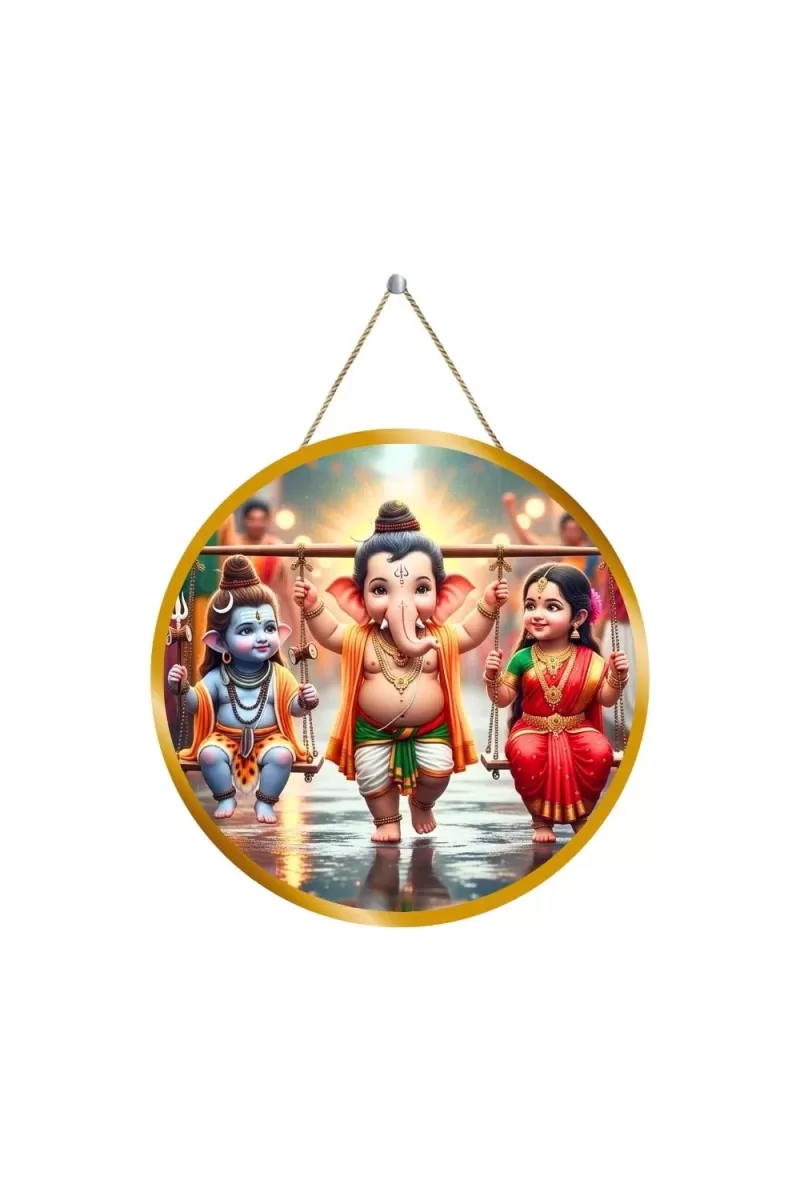 Lord Ganesha Carrying Shiva Parvathi 12x12 Inch Round Religious Photo Frame | Spiritual Wall Decor For Home Temple, Pooja Room & Office | Divine Wall Art Picture For Worship, Meditation & Gift (F13350)