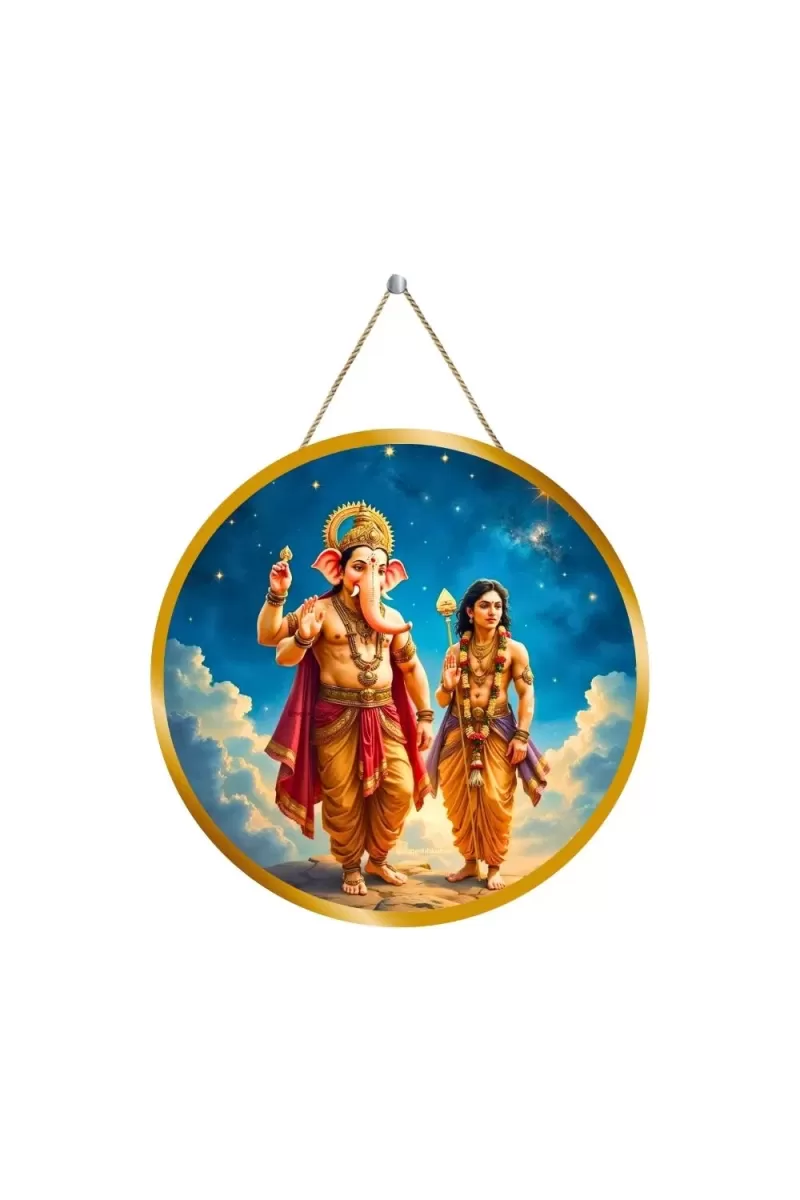 Lord Ganesha Karthikeya 12x12 Inch Round Religious Photo Frame | Spiritual Wall Decor For Home Temple, Pooja Room & Office | Divine Wall Art Picture For Worship, Meditation & Gift (F13353)