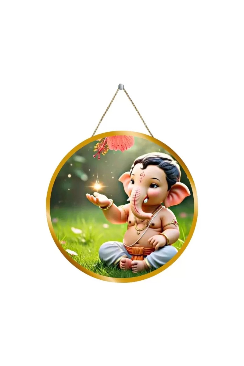 Lord Little Ganesha 12x12 Inch Round Religious Photo Frame | Spiritual Wall Decor For Home Temple, Pooja Room & Office | Divine Wall Art Picture For Worship, Meditation & Gift (F13358)