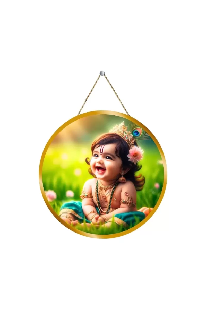 Little Krishna 12x12 Inch Round Religious Photo Frame | Spiritual Wall Decor For Home Temple, Pooja Room & Office | Divine Wall Art Picture For Worship, Meditation & Gift (F13384)