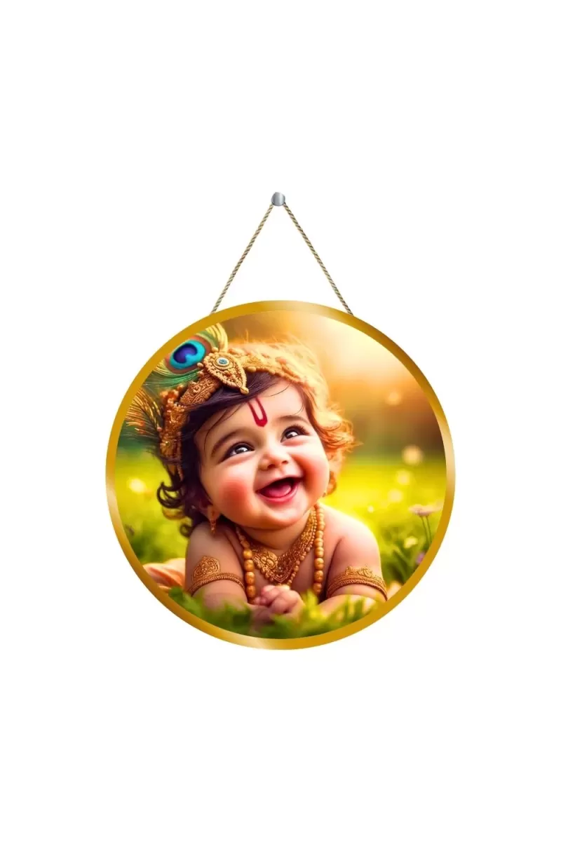 Little Krishna 12x12 Inch Round Religious Photo Frame | Spiritual Wall Decor For Home Temple, Pooja Room & Office | Divine Wall Art Picture For Worship, Meditation & Gift (F13385)