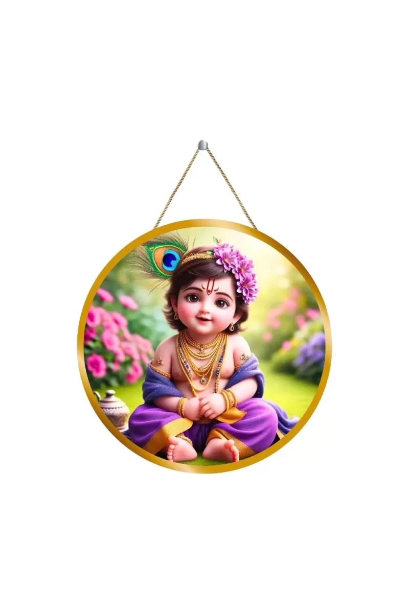Little Krishna 12x12 Inch Round Religious Photo Frame | Spiritual Wall Decor For Home Temple, Pooja Room & Office | Divine Wall Art Picture For Worship, Meditation & Gift (F13387)