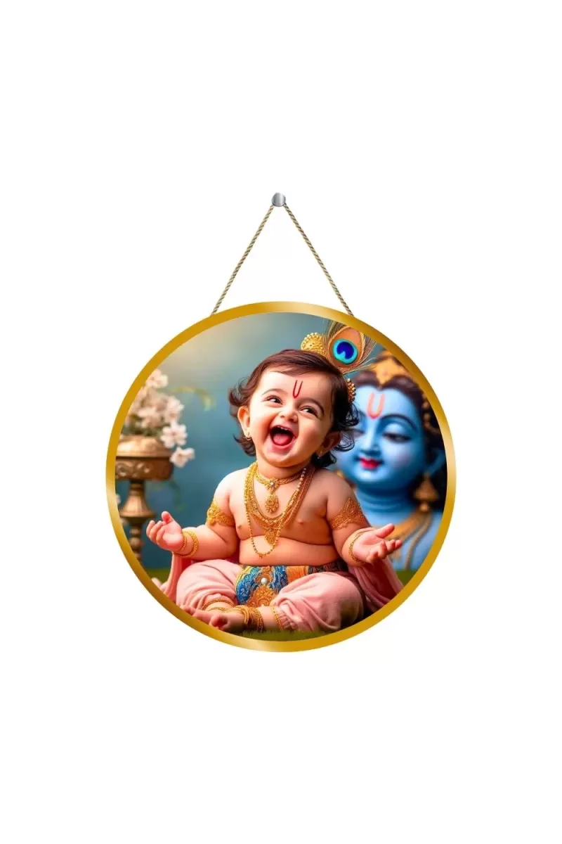 Little Krishna 12x12 Inch Round Religious Photo Frame | Spiritual Wall Decor For Home Temple, Pooja Room & Office | Divine Wall Art Picture For Worship, Meditation & Gift (F13388)