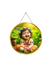Little Krishna 12x12 Inch Round Religious Photo Frame | Spiritual Wall Decor For Home Temple, Pooja Room & Office | Divine Wall Art Picture For Worship, Meditation & Gift (F13416)