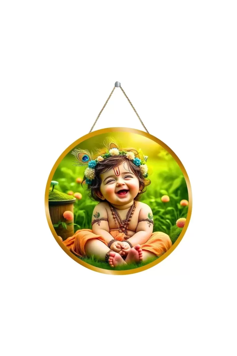 Little Krishna 12x12 Inch Round Religious Photo Frame | Spiritual Wall Decor For Home Temple, Pooja Room & Office | Divine Wall Art Picture For Worship, Meditation & Gift (F13416)