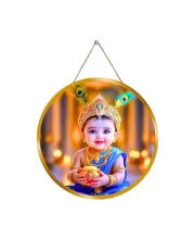 Litttle Krishna 12x12 Inch Round Religious Photo Frame | Spiritual Wall Decor For Home Temple, Pooja Room & Office | Divine Wall Art Picture For Worship, Meditation & Gift (F13419)