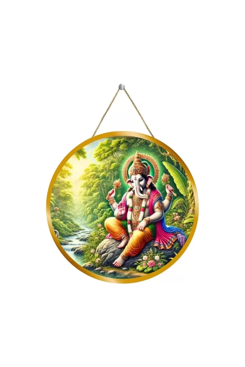 Lord Ganesha 12x12 Inch Round Religious Photo Frame | Spiritual Wall Decor For Home Temple, Pooja Room & Office | Divine Wall Art Picture For Worship, Meditation & Gift (F13425)