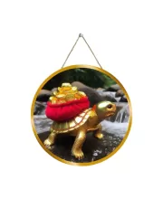 Golden Feng Shui Tortoise Figurine 12x12 Inch Round Religious Photo Frame | Spiritual Wall Decor For Home Temple, Pooja Room & Office | Divine Wall Art Picture For Worship, Meditation & Gift (F13522)